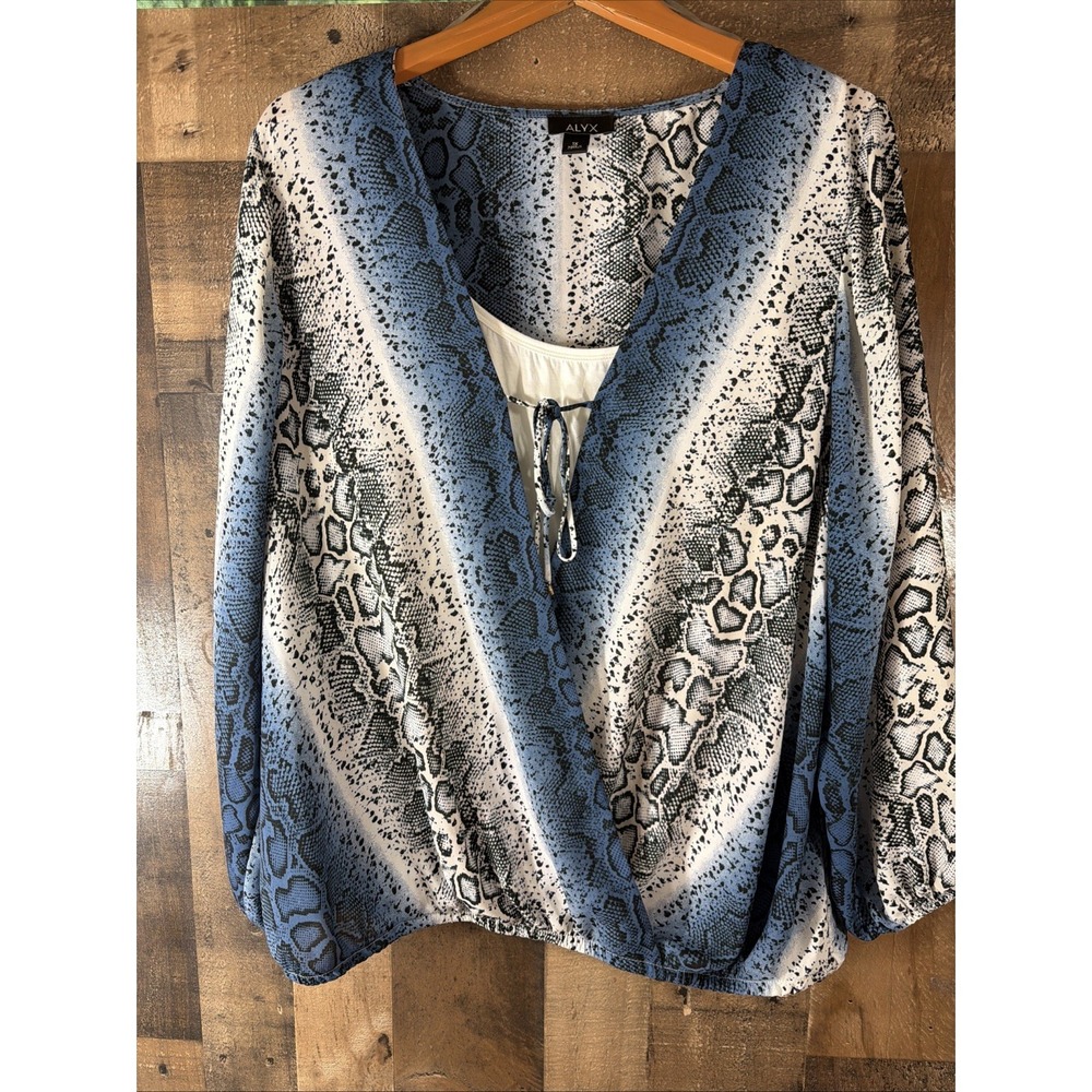 Alyx Blouse Womens Plus Size 1X‎ Blue Black White Leopard 3/4 Sleeve W/ Cami